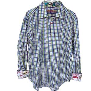 Robert Graham Button Up Shirt Men's‎ Large Flip Cuff Plaid Colorful Purple Green